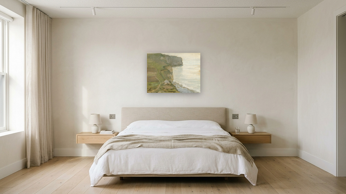 Cape Antifer, Etretat by Claude Monet, shown at 30 × 40 in (76.2 × 101.6 cm) as gallery-wrapped canvas, hotel guest room