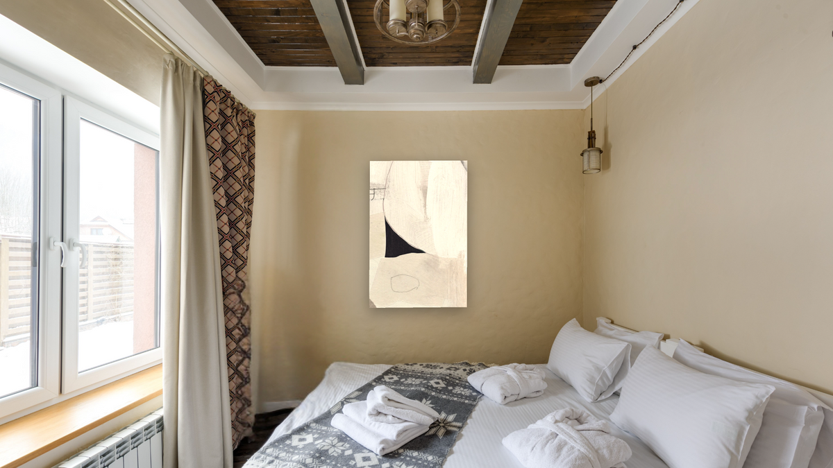 High 2 by Dan Hobday, shown at 28 × 42 in (71.1 × 106.7 cm) as gallery-wrapped canvas, hotel guest room