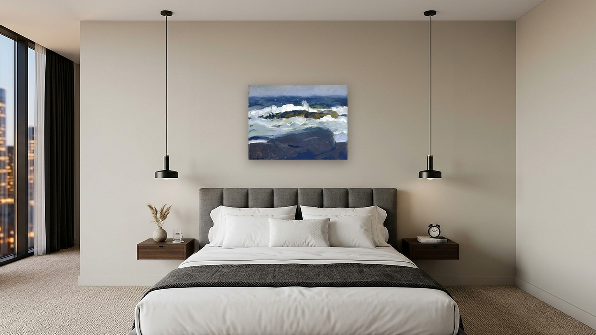 Rock Reef, Maine by George Wesley Bellows, shown at 30 × 40 in (76.2 × 101.6 cm) as gallery-wrapped canvas, hotel guest room