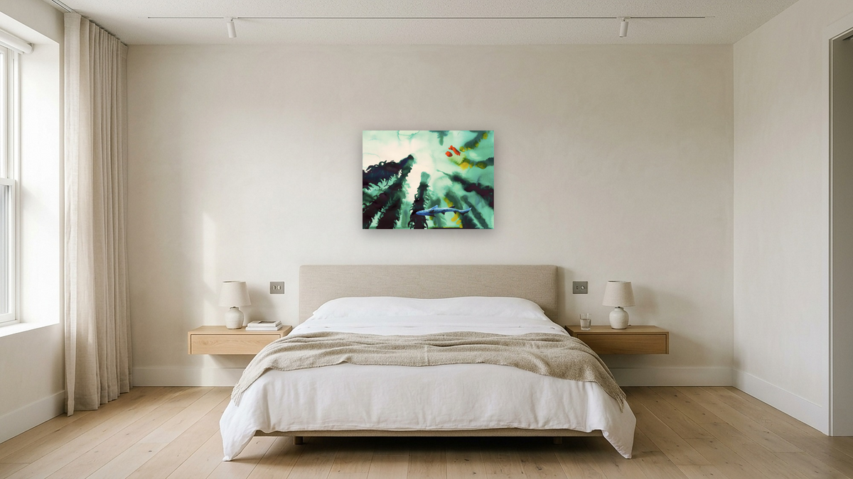 Kelp Forest by Alexis Rockman, shown at 30 × 40 in (76.2 × 101.6 cm) as gallery-wrapped canvas, hotel guest room
