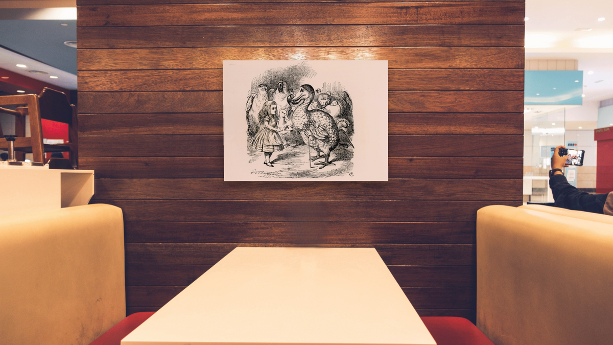 Alice meets the Dodo, illustration from 'Alice's Adventures in Wonderland', by Lewis Carroll by John Tenniel, shown at 30 × 40 in (76.2 × 101.6 cm) as gallery-wrapped canvas, restaurant
