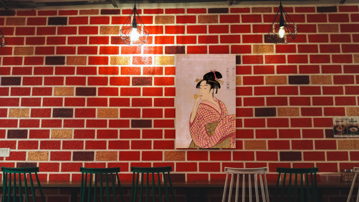 Poppen o fuku musume by Kitagawa Utamaro, shown at 28 × 42 in (71.1 × 106.7 cm) as gallery-wrapped canvas, restaurant
