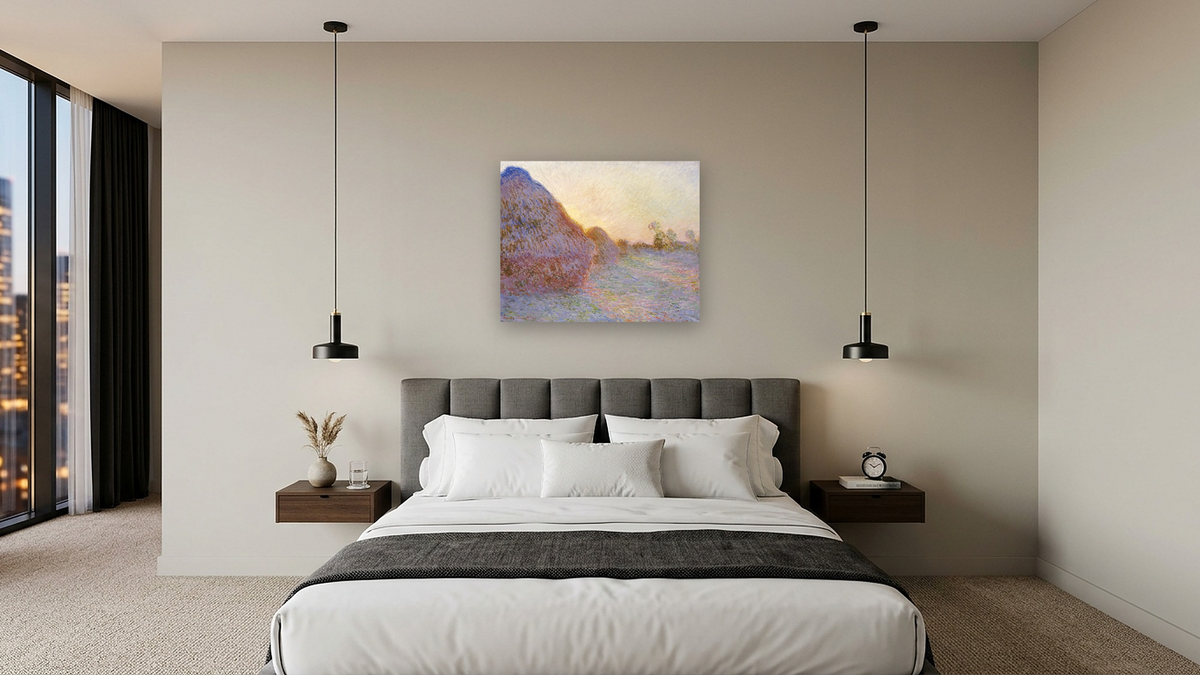 Haystacks by Claude Monet, shown at 32 × 40 in (81.3 × 101.6 cm) as gallery-wrapped canvas, hotel guest room