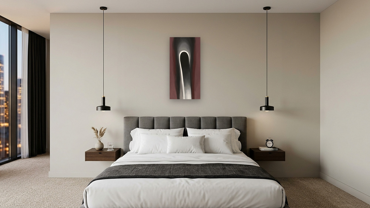 Jack-in-the-Pulpit No. VI by Georgia O'Keeffe, shown at 20 × 40 in (50.8 × 101.6 cm) as gallery-wrapped canvas, hotel guest room