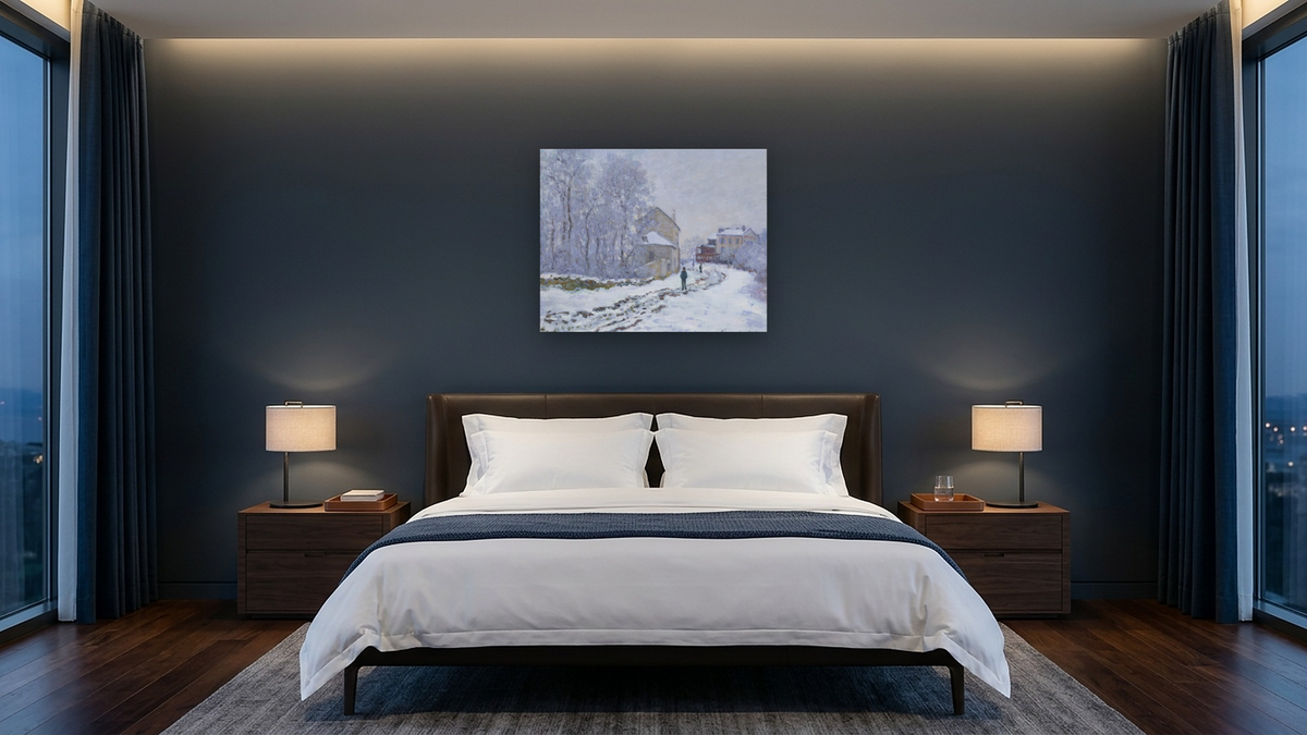 Snow in Argenteuil by Claude Monet, shown at 32 × 40 in (81.3 × 101.6 cm) as gallery-wrapped canvas, hotel guest room
