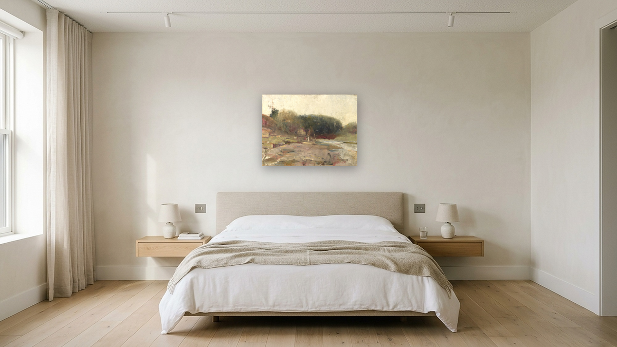 On the River Yarra, near Heidelberg, Victoria by Charles Conder, shown at 30 × 40 in (76.2 × 101.6 cm) as gallery-wrapped canvas, hotel guest room