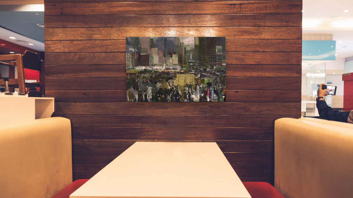 New York by George Wesley Bellows, shown at 28 × 42 in (71.1 × 106.7 cm) as gallery-wrapped canvas, restaurant