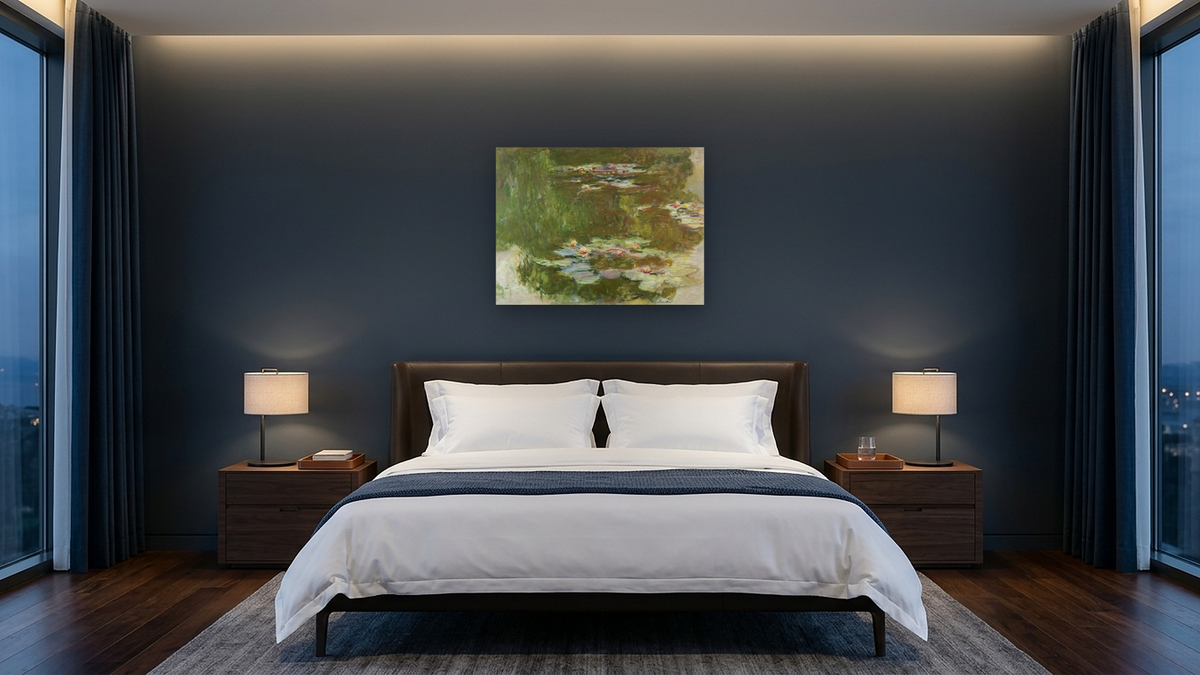 Lily Pond by Claude Monet, shown at 30 × 40 in (76.2 × 101.6 cm) as gallery-wrapped canvas, hotel guest room