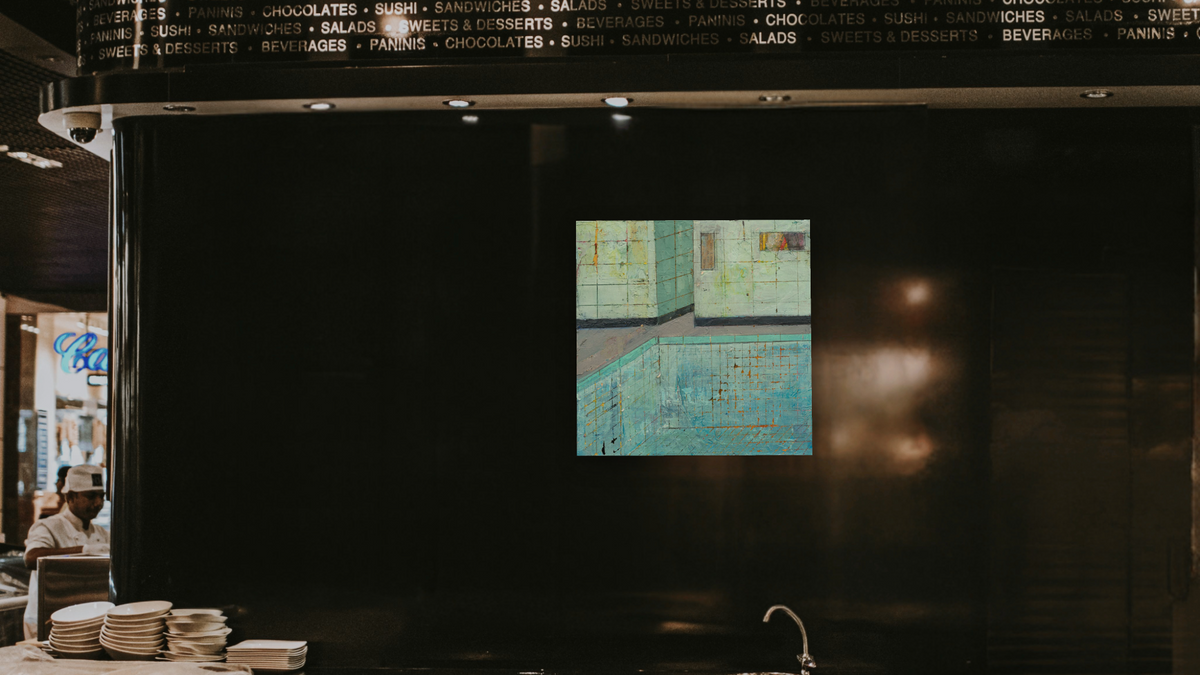 Hitting Bottom by Dobee Snowber, shown at 32 × 32 in (81.3 × 81.3 cm) as gallery-wrapped canvas, restaurant