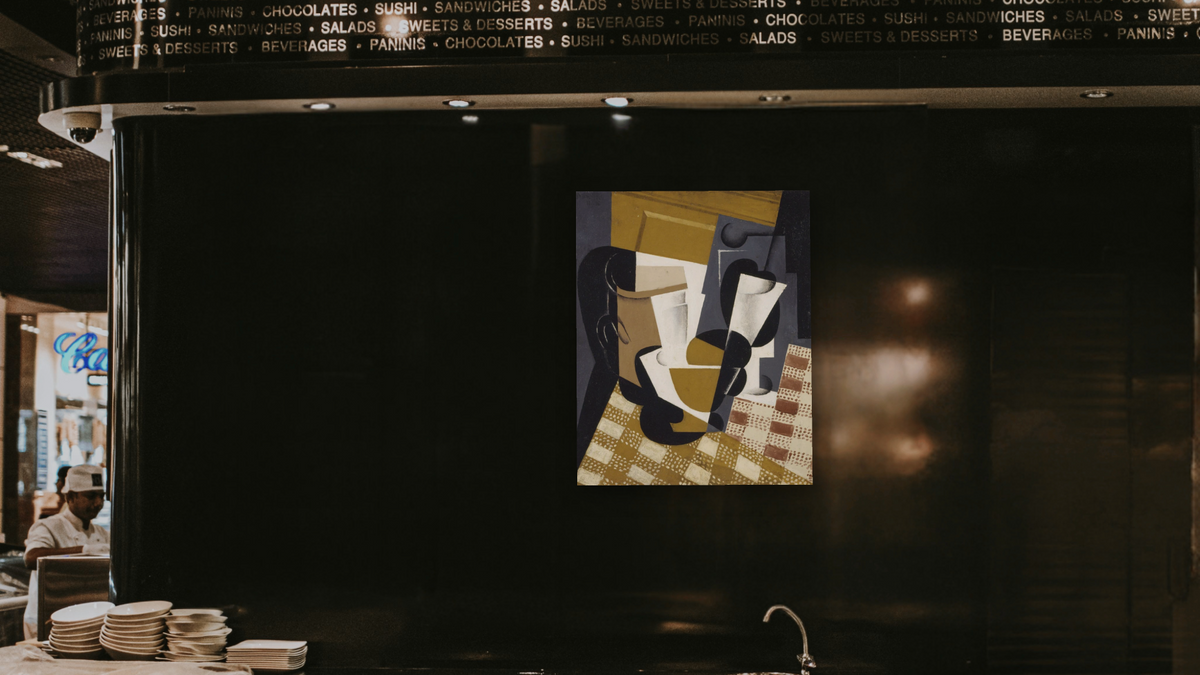 Broc et Verre (Wine Jug and Glass) by Juan Gris, shown at 32 × 40 in (81.3 × 101.6 cm) as gallery-wrapped canvas, restaurant