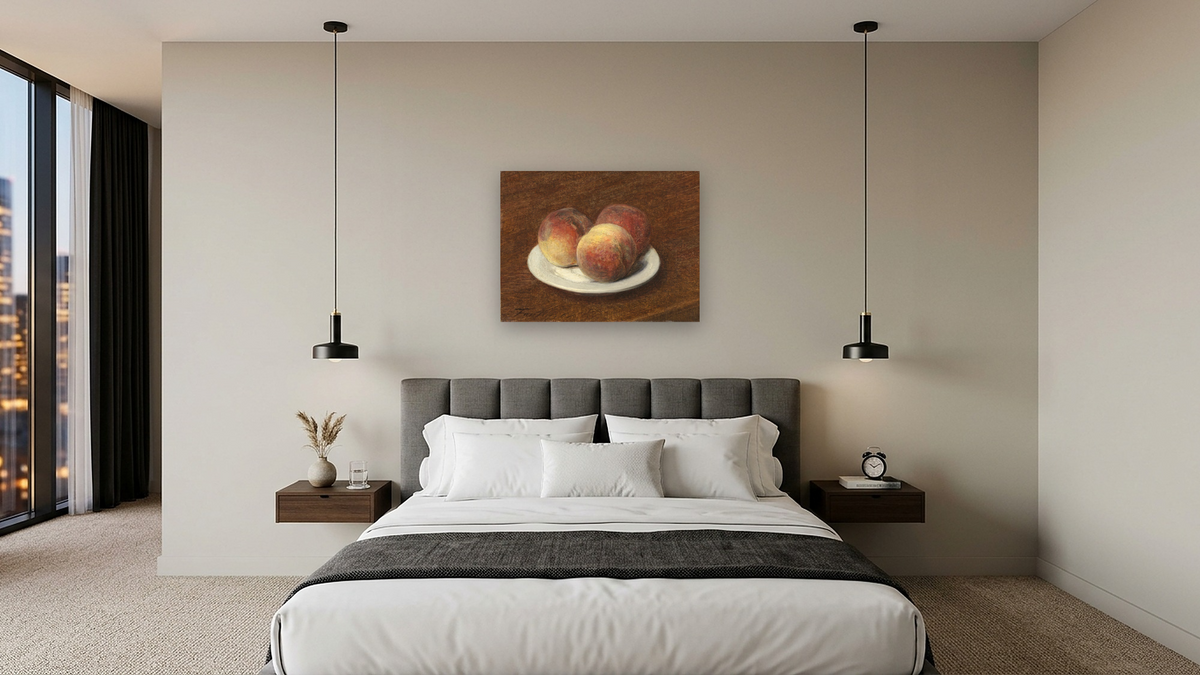 Three Peaches on a Plate by Henri Fantin-Latour, shown at 30 × 40 in (76.2 × 101.6 cm) as gallery-wrapped canvas, hotel guest room