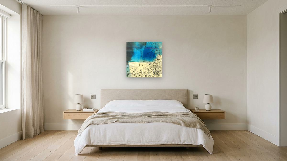 No. 22 by Michelle Oppenheimer, shown at 32 × 32 in (81.3 × 81.3 cm) as gallery-wrapped canvas, hotel guest room