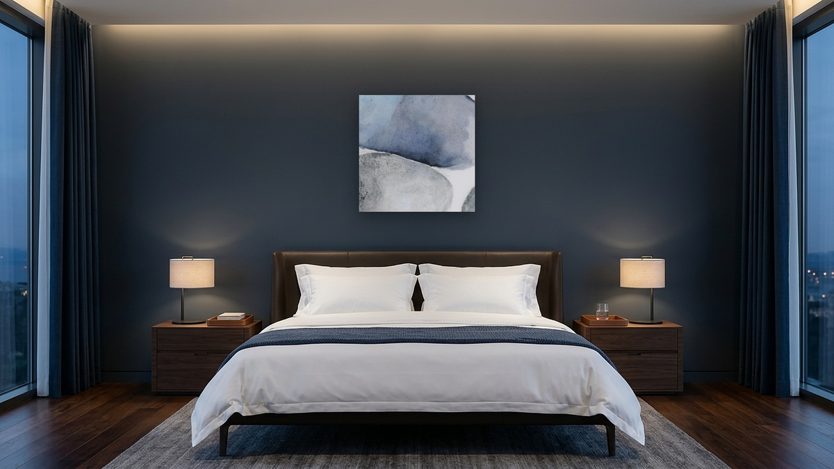 No. 432 by Michelle Oppenheimer, shown at 32 × 32 in (81.3 × 81.3 cm) as gallery-wrapped canvas, hotel guest room