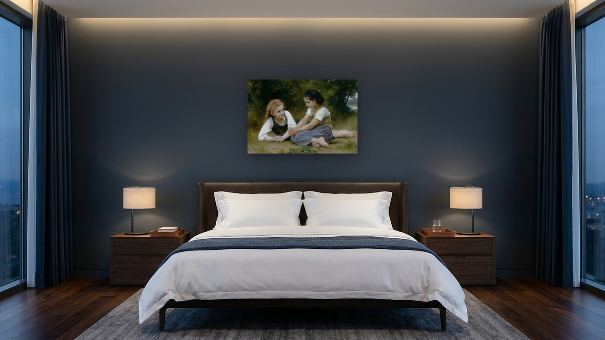 The Nut Gatherers by William-Adolphe Bouguereau, shown at 28 × 42 in (71.1 × 106.7 cm) as gallery-wrapped canvas, hotel guest room