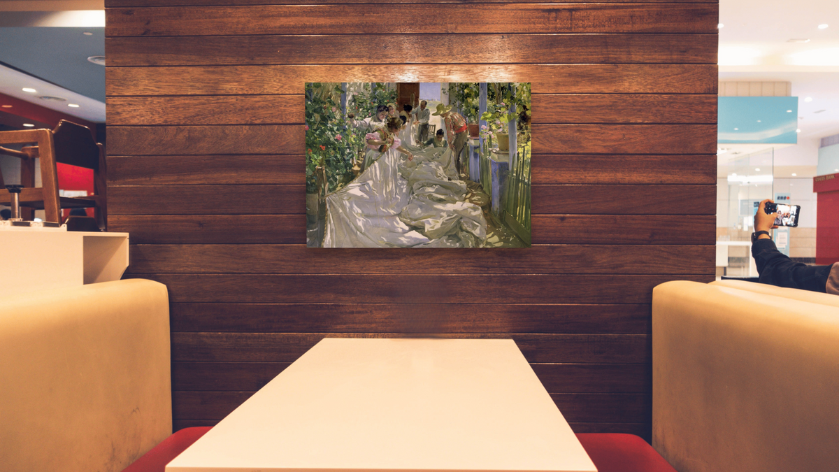 Mending the Sail by Joaquin Sorolla y Bastida, shown at 30 × 40 in (76.2 × 101.6 cm) as gallery-wrapped canvas, restaurant