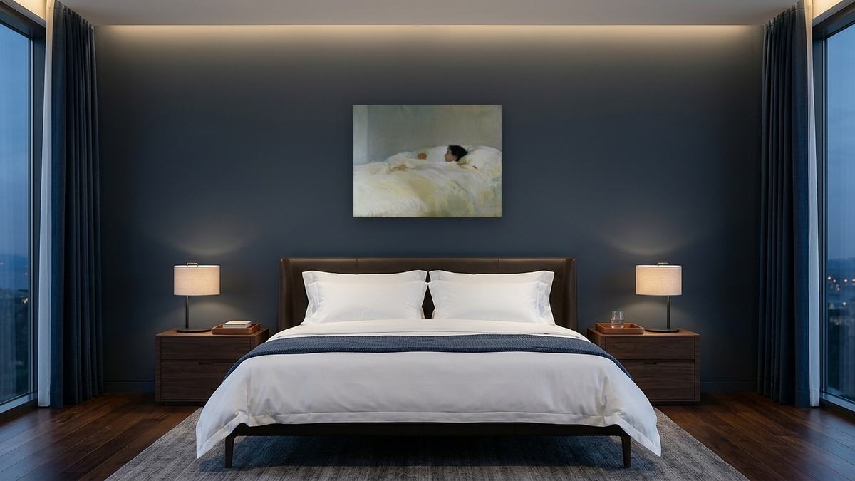 Mother by Joaquin Sorolla y Bastida, shown at 30 × 40 in (76.2 × 101.6 cm) as gallery-wrapped canvas, hotel guest room