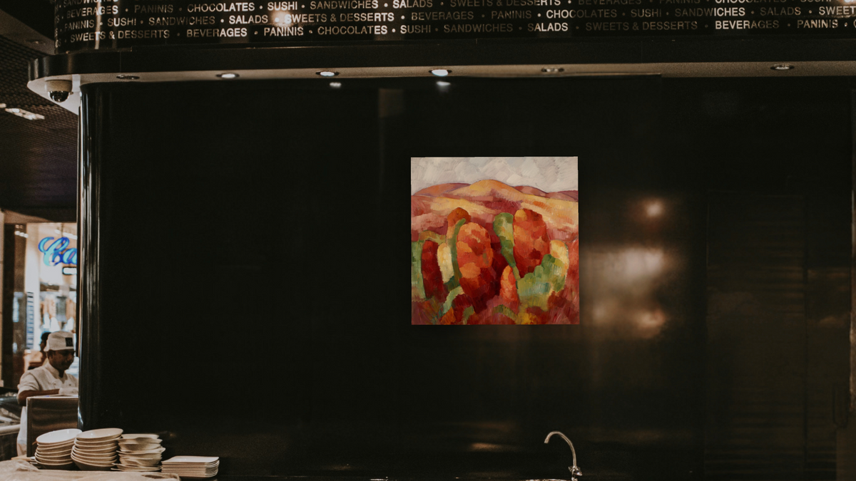 Mountains, no. 19 by Marsden Hartley, shown at 32 × 32 in (81.3 × 81.3 cm) as gallery-wrapped canvas, restaurant
