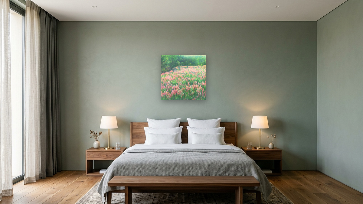 Rhinebeck Field by Kirsten Söderlind, shown at 32 × 32 in (81.3 × 81.3 cm) as gallery-wrapped canvas, hotel guest room