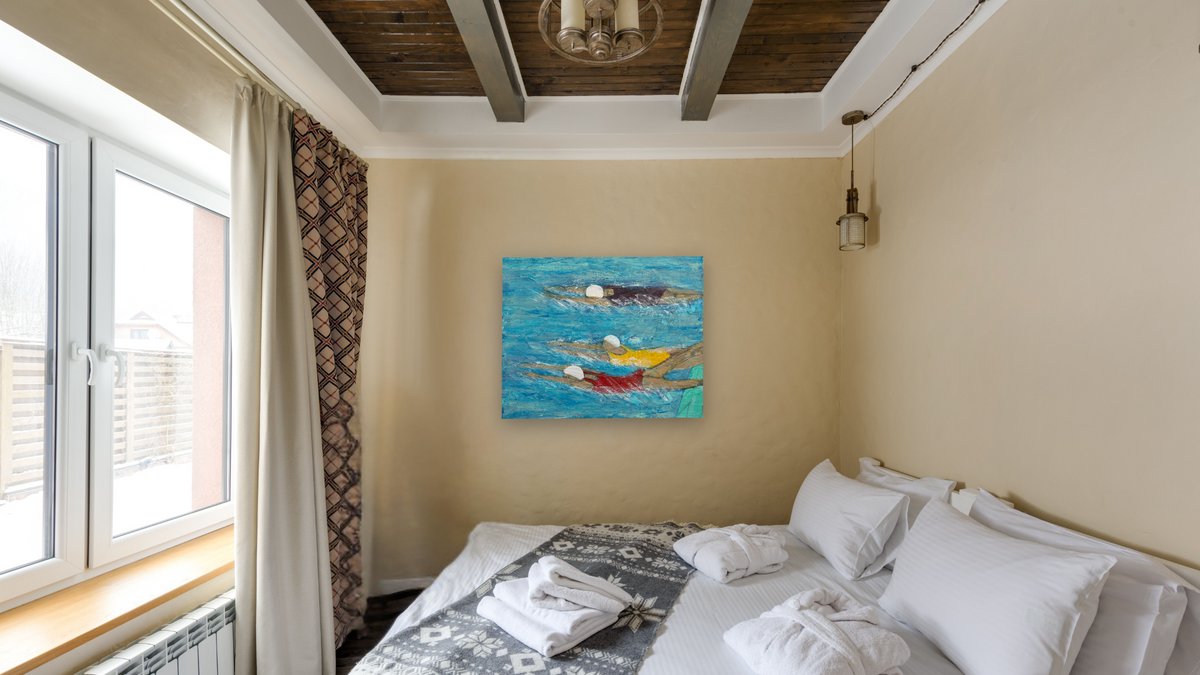 Striking the Surface by Dobee Snowber, shown at 32 × 40 in (81.3 × 101.6 cm) as gallery-wrapped canvas, hotel guest room