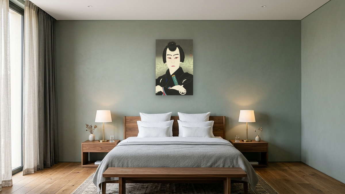 Ichikawa Sumizō VI as Shirai Gonpachi by Natori Shunsen, shown at 28 × 42 in (71.1 × 106.7 cm) as gallery-wrapped canvas, hotel guest room