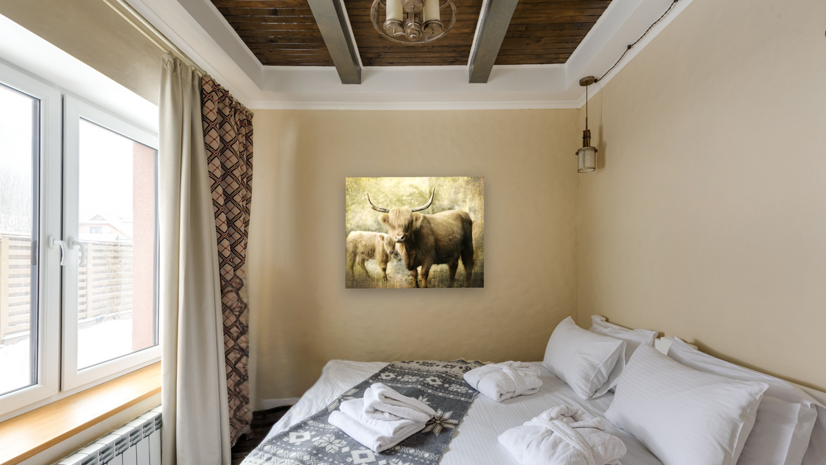 The Protector by Brandon Luther, shown at 32 × 40 in (81.3 × 101.6 cm) as gallery-wrapped canvas, hotel guest room
