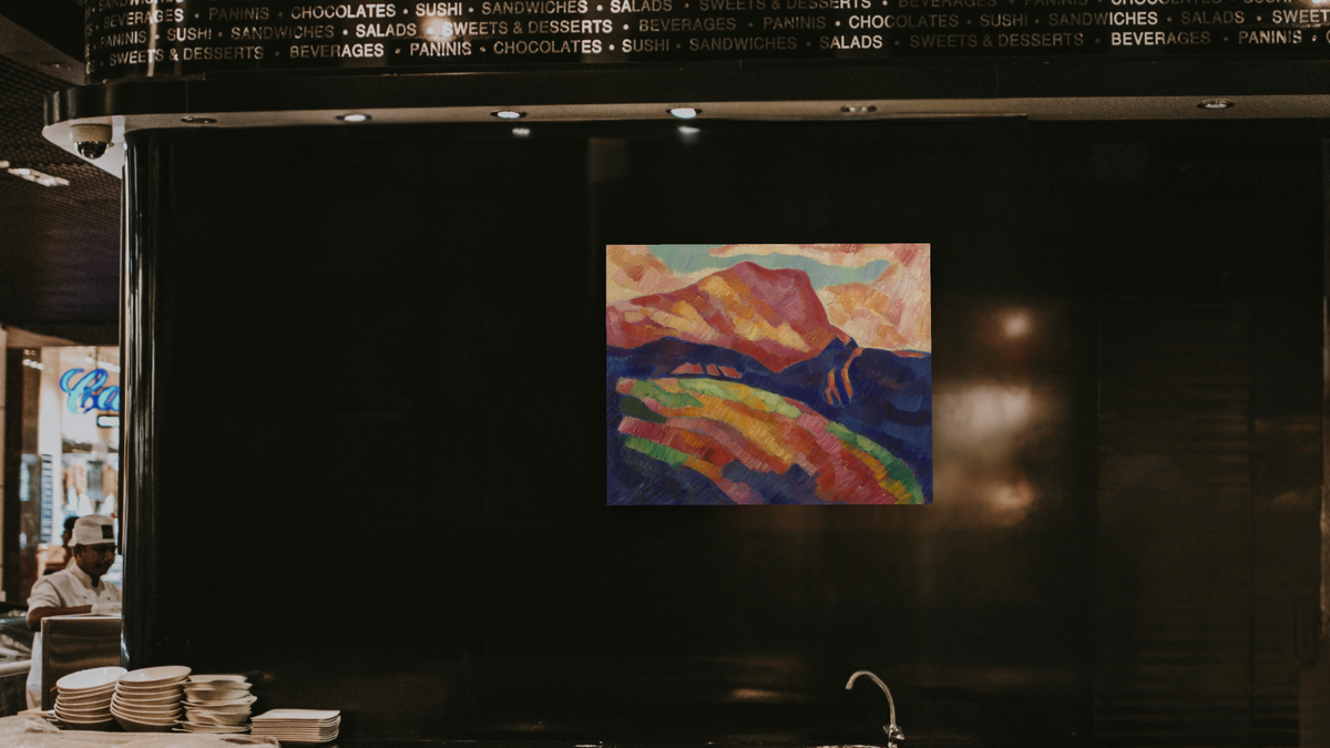 Mont Sainte-Victoire by Marsden Hartley, shown at 32 × 40 in (81.3 × 101.6 cm) as gallery-wrapped canvas, restaurant