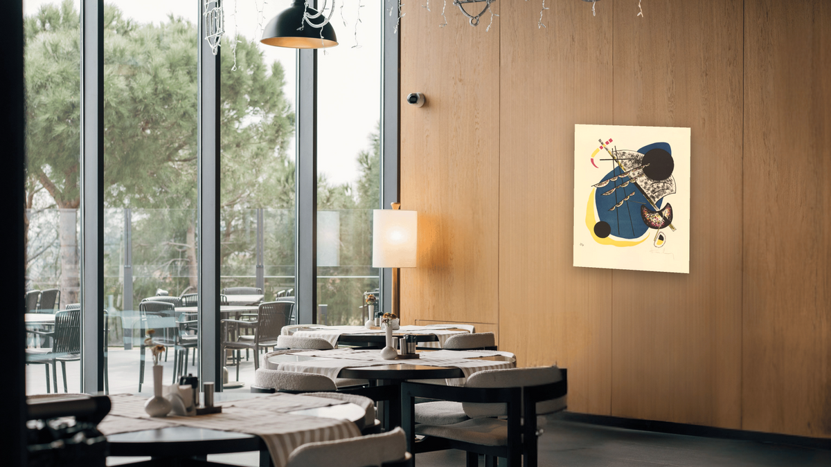 Kleine Welten II (Small Worlds II) by Wassily Kandinsky, shown at 32 × 40 in (81.3 × 101.6 cm) as gallery-wrapped canvas, restaurant