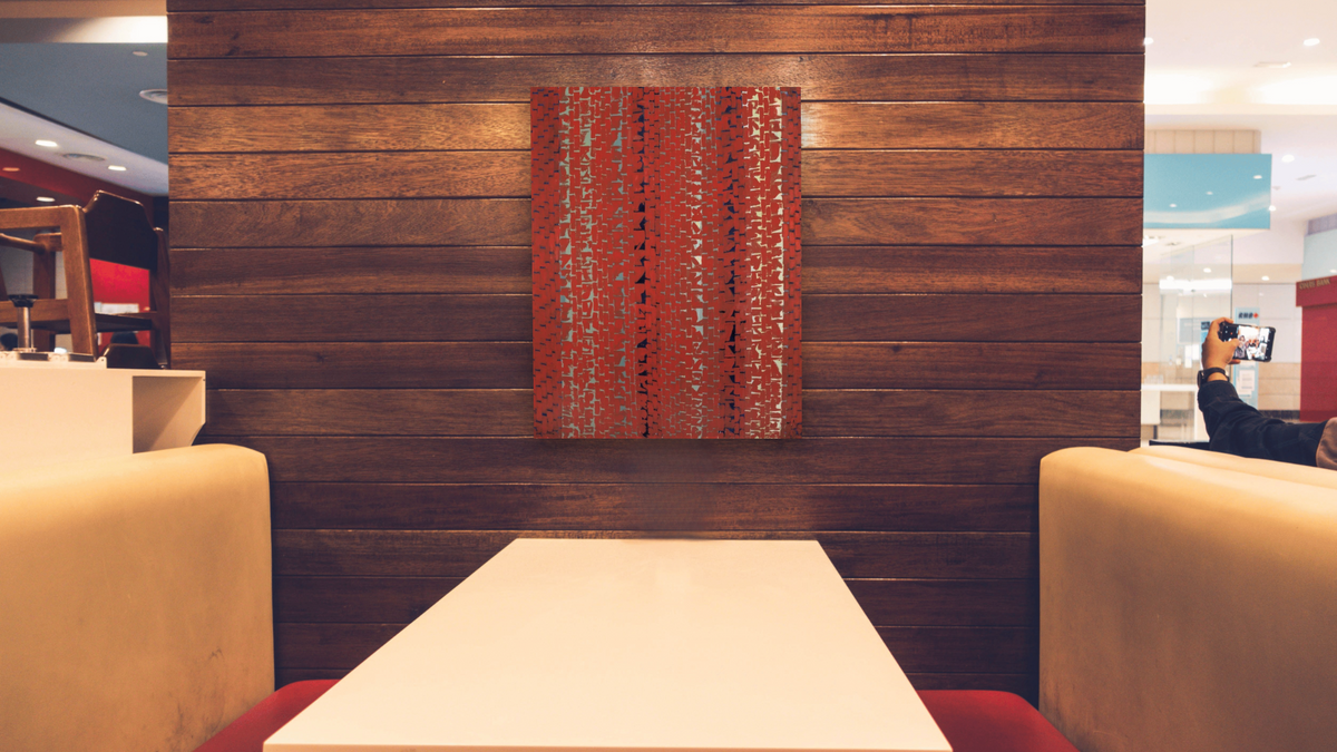 Red Sunset, Old Pond Concerto by Alma Thomas, shown at 30 × 40 in (76.2 × 101.6 cm) as gallery-wrapped canvas, restaurant