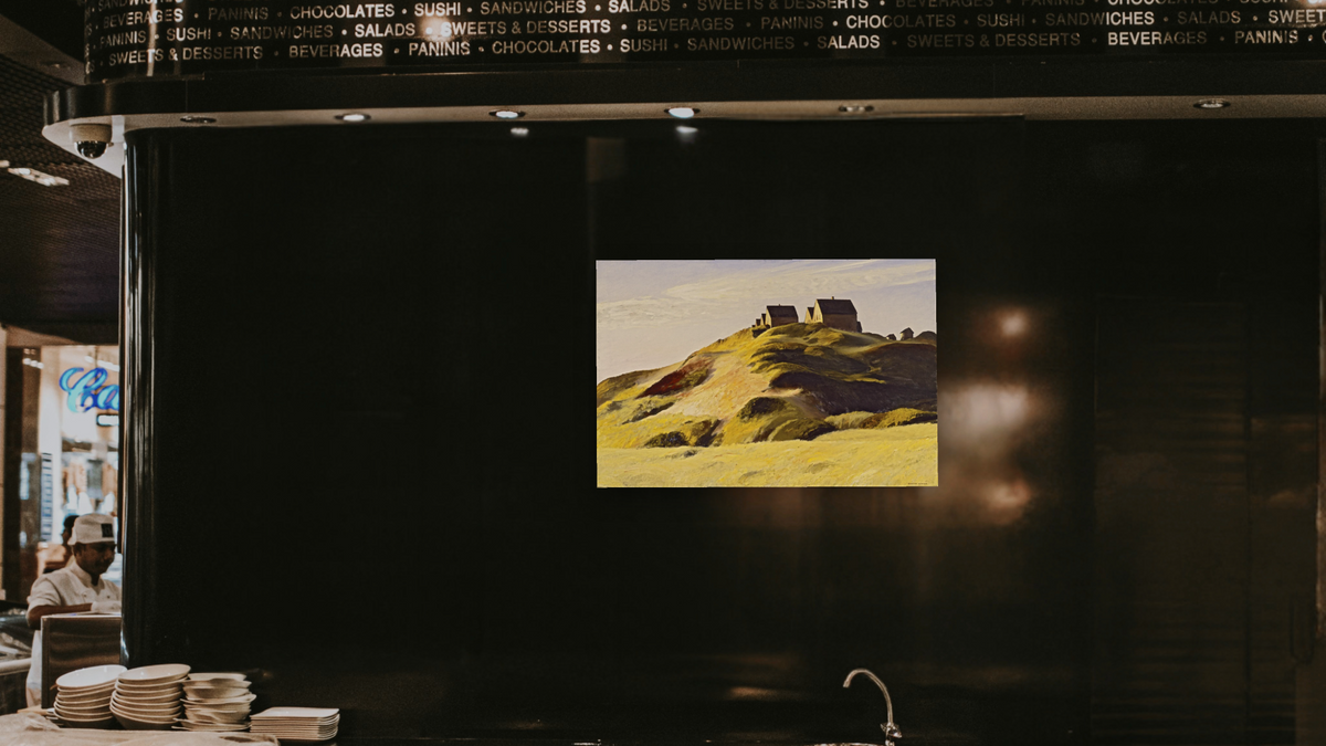 Corn Hill (Truro, Cape Cod) by Edward Hopper, shown at 28 × 42 in (71.1 × 106.7 cm) as gallery-wrapped canvas, restaurant