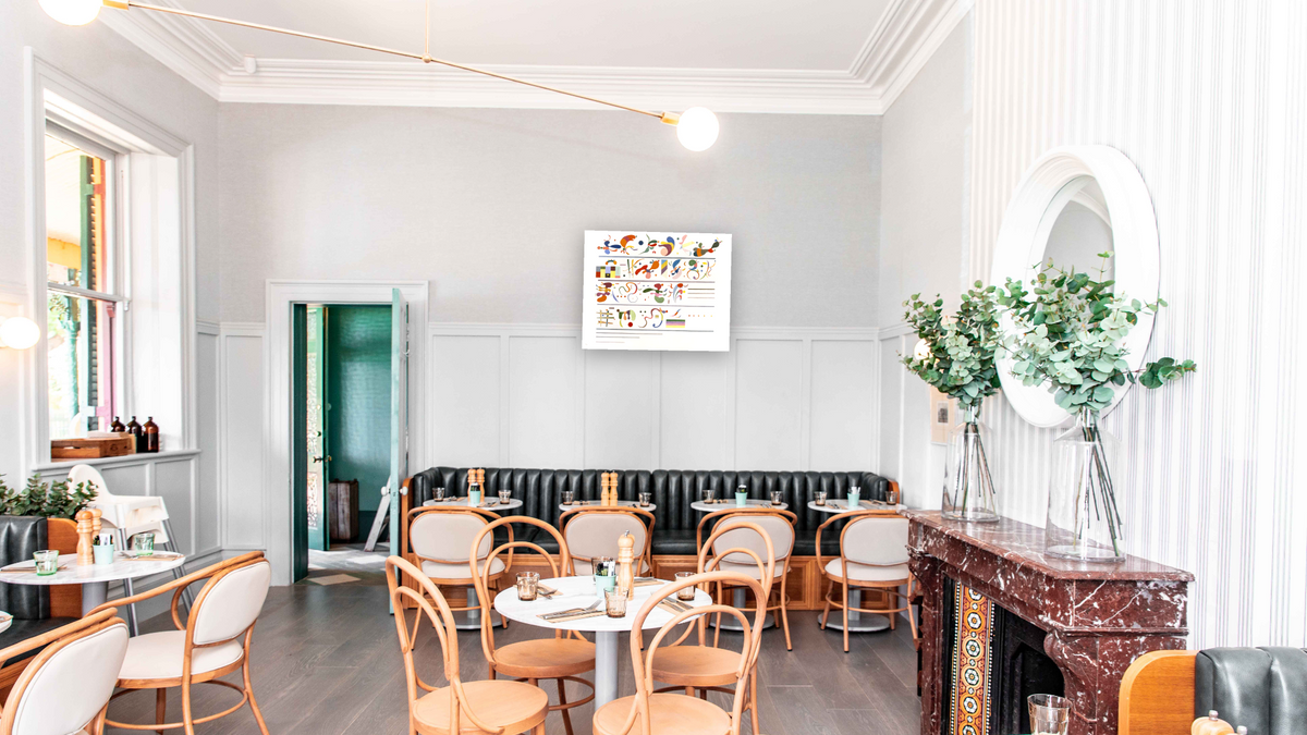 Succession, R. 1055, shown at 32 × 40 in (81.3 × 101.6 cm) as gallery-wrapped canvas, restaurant