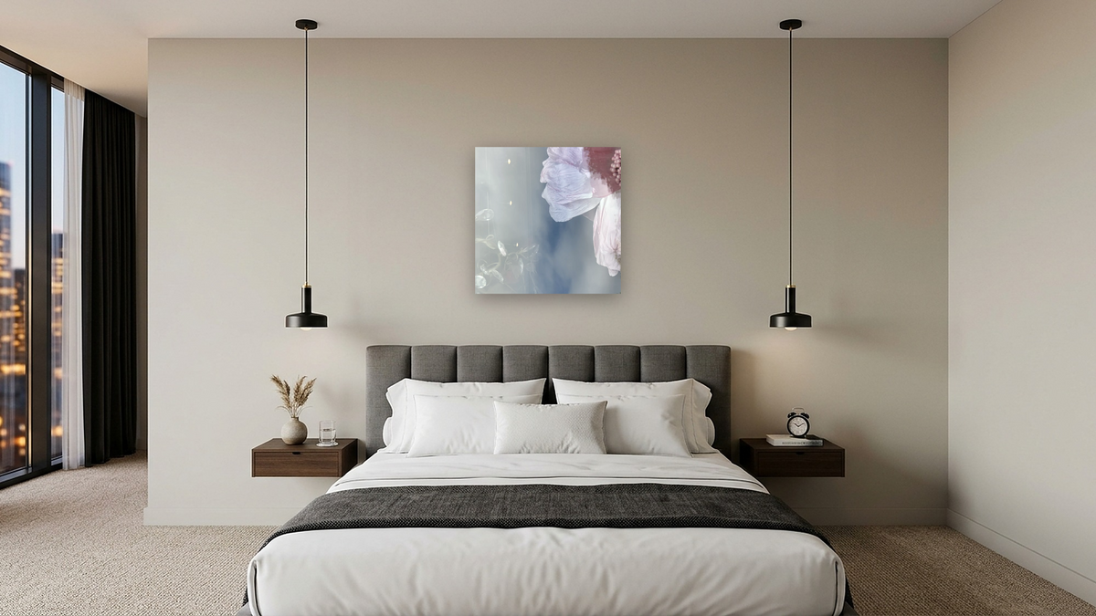 The Rose Embraced Her Blue Sky by Judith Rayl, shown at 32 × 32 in (81.3 × 81.3 cm) as gallery-wrapped canvas, hotel guest room