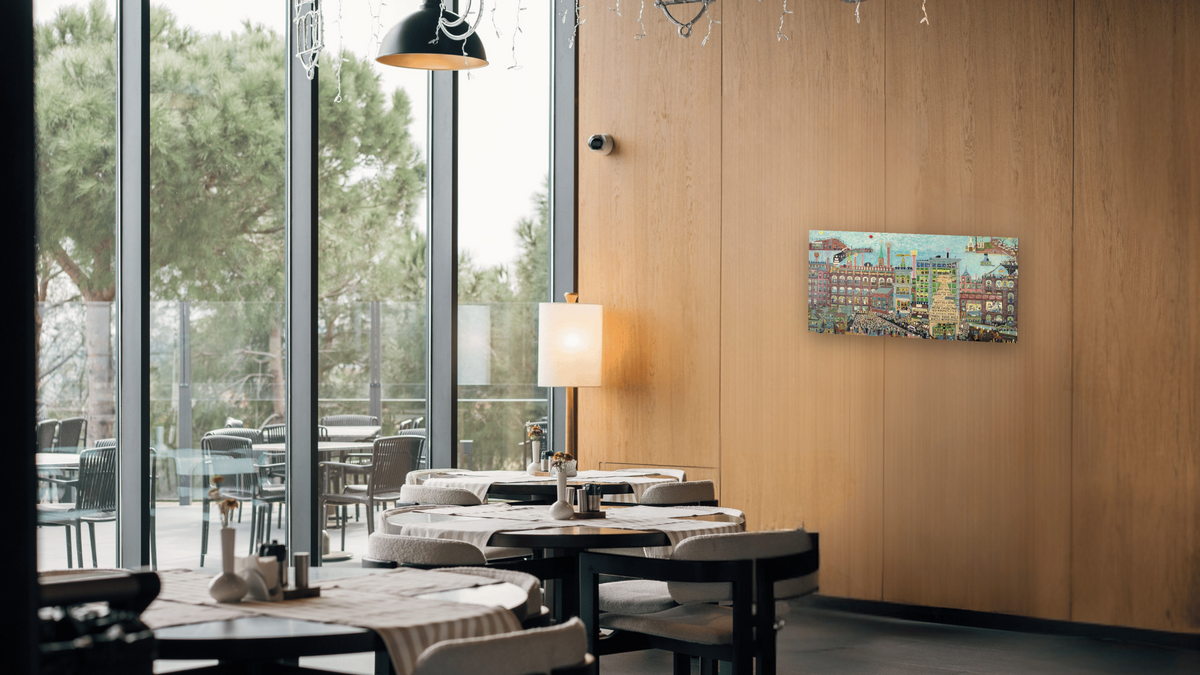 Great Strike (IWW Textile Strike) by Ralph Fasanella, shown at 20 × 40 in (50.8 × 101.6 cm) as gallery-wrapped canvas, restaurant