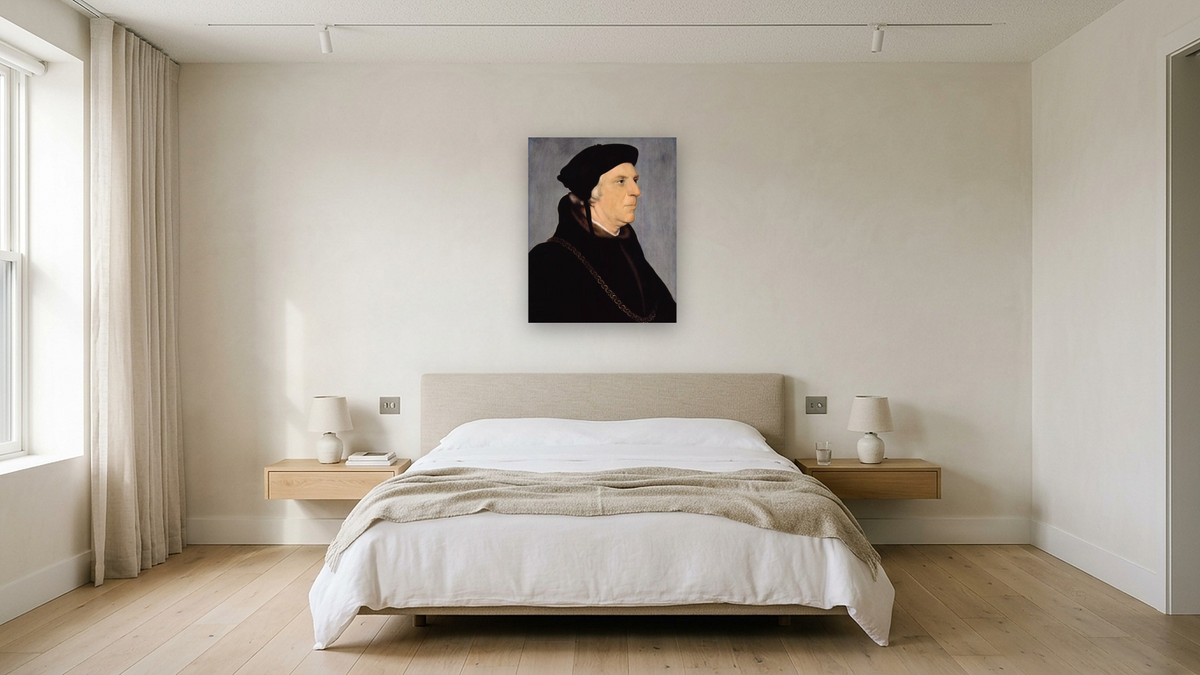 Sir William Butts, Physician by Hans Holbein the Younger, shown at 32 × 40 in (81.3 × 101.6 cm) as gallery-wrapped canvas, hotel guest room