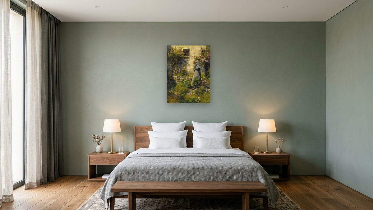 Jardin de paysanne (Peasant Garden) by Robert William Vonnoh, shown at 30 × 40 in (76.2 × 101.6 cm) as gallery-wrapped canvas, hotel guest room