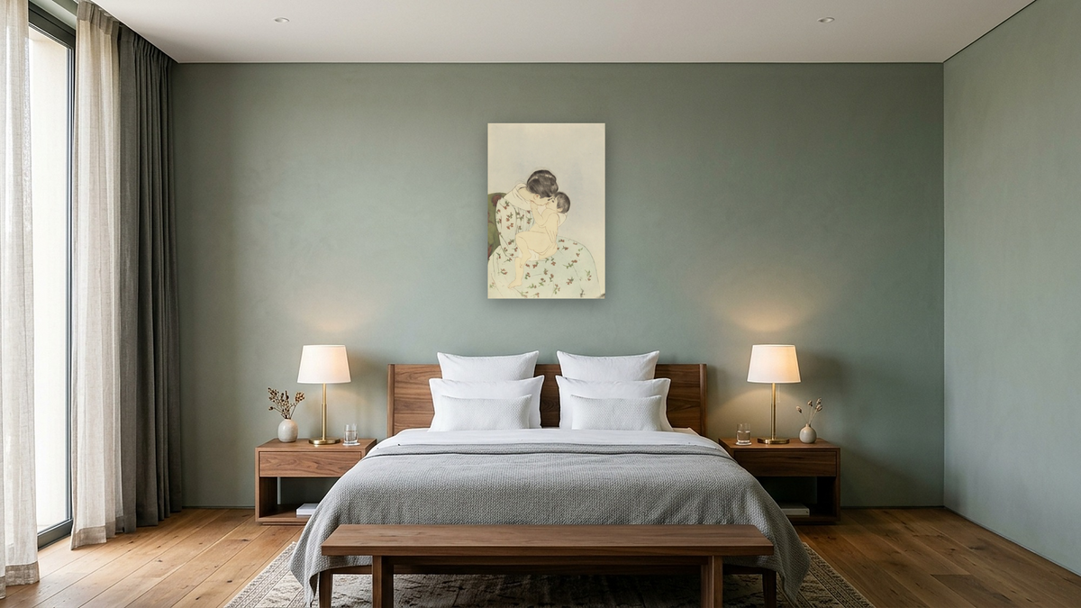 Mother's Kiss by Mary Cassatt, shown at 28 × 42 in (71.1 × 106.7 cm) as gallery-wrapped canvas, hotel guest room