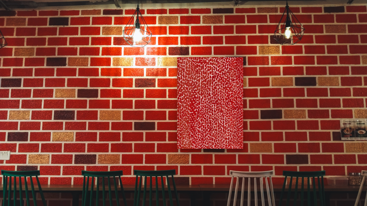 Red Rose Cantata by Alma Thomas, shown at 30 × 40 in (76.2 × 101.6 cm) as gallery-wrapped canvas, restaurant