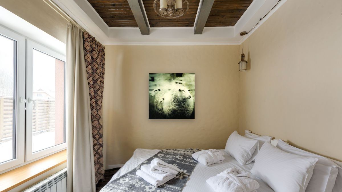 one sheep front by Brandon Luther, shown at 32 × 32 in (81.3 × 81.3 cm) as gallery-wrapped canvas, hotel guest room