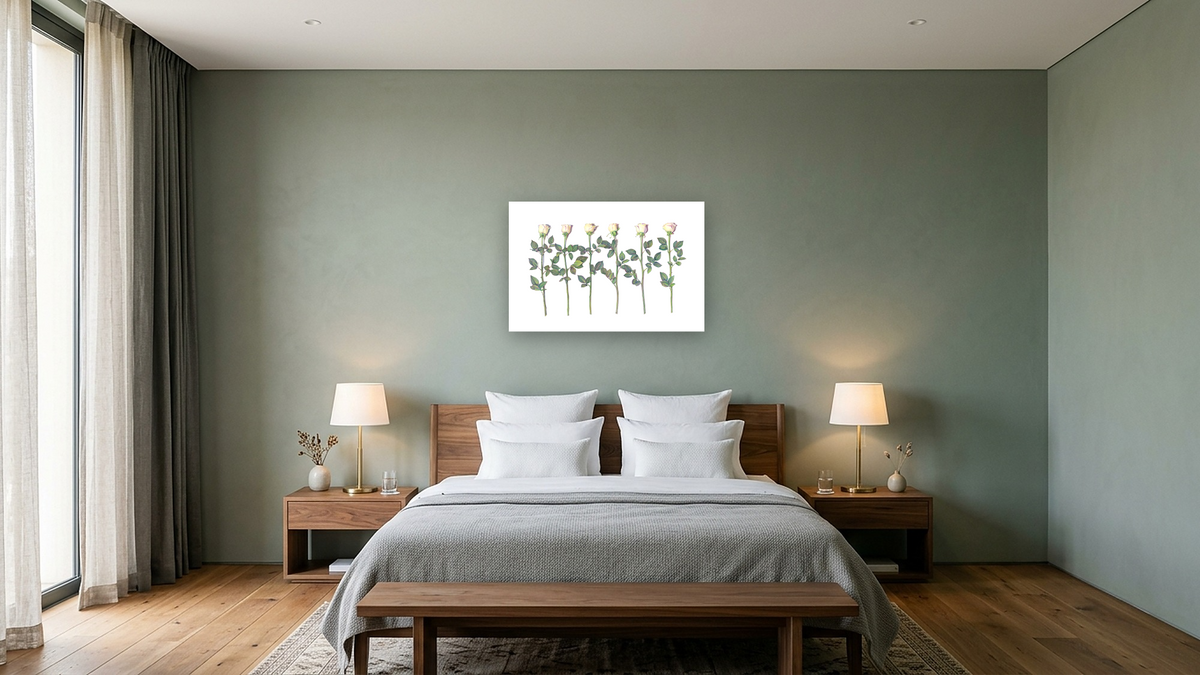 Six Roses by Kirsten Söderlind, shown at 28 × 42 in (71.1 × 106.7 cm) as gallery-wrapped canvas, hotel guest room