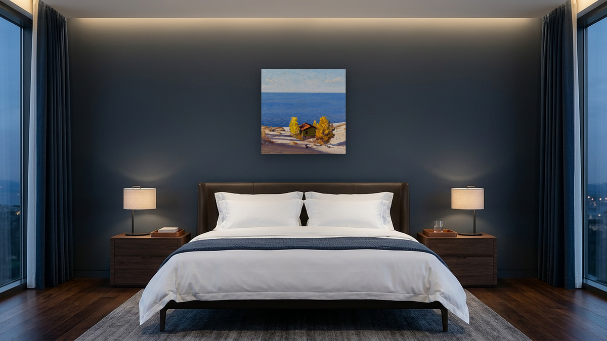A Sunny Autumn Day by Frank V. Dudley, shown at 32 × 32 in (81.3 × 81.3 cm) as gallery-wrapped canvas, hotel guest room