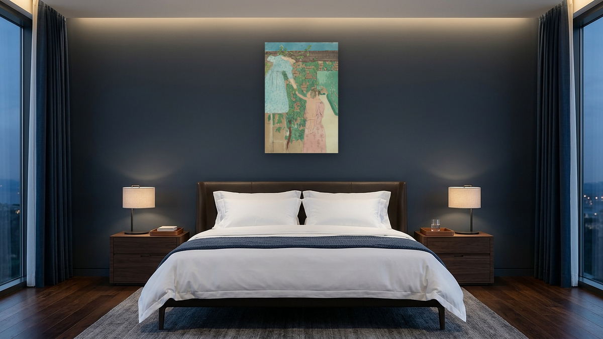 Gathering Fruit by Mary Cassatt, shown at 28 × 42 in (71.1 × 106.7 cm) as gallery-wrapped canvas, hotel guest room