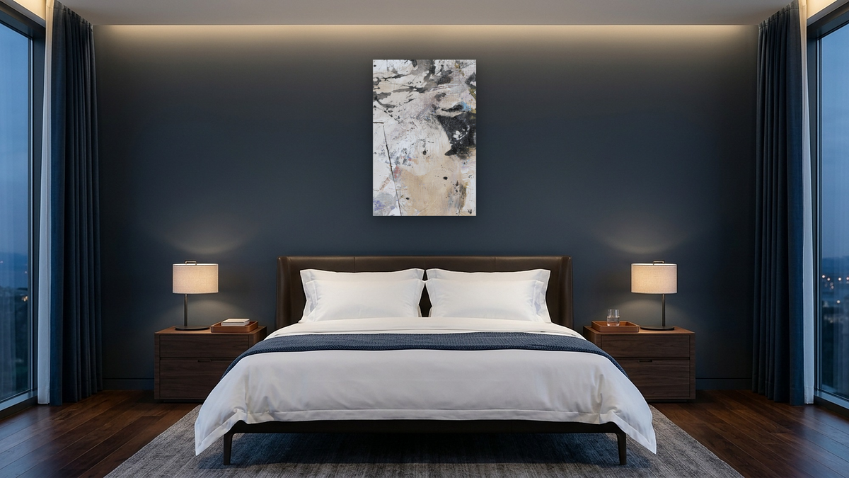 Earth 1 by Dan Hobday, shown at 28 × 42 in (71.1 × 106.7 cm) as gallery-wrapped canvas, hotel guest room