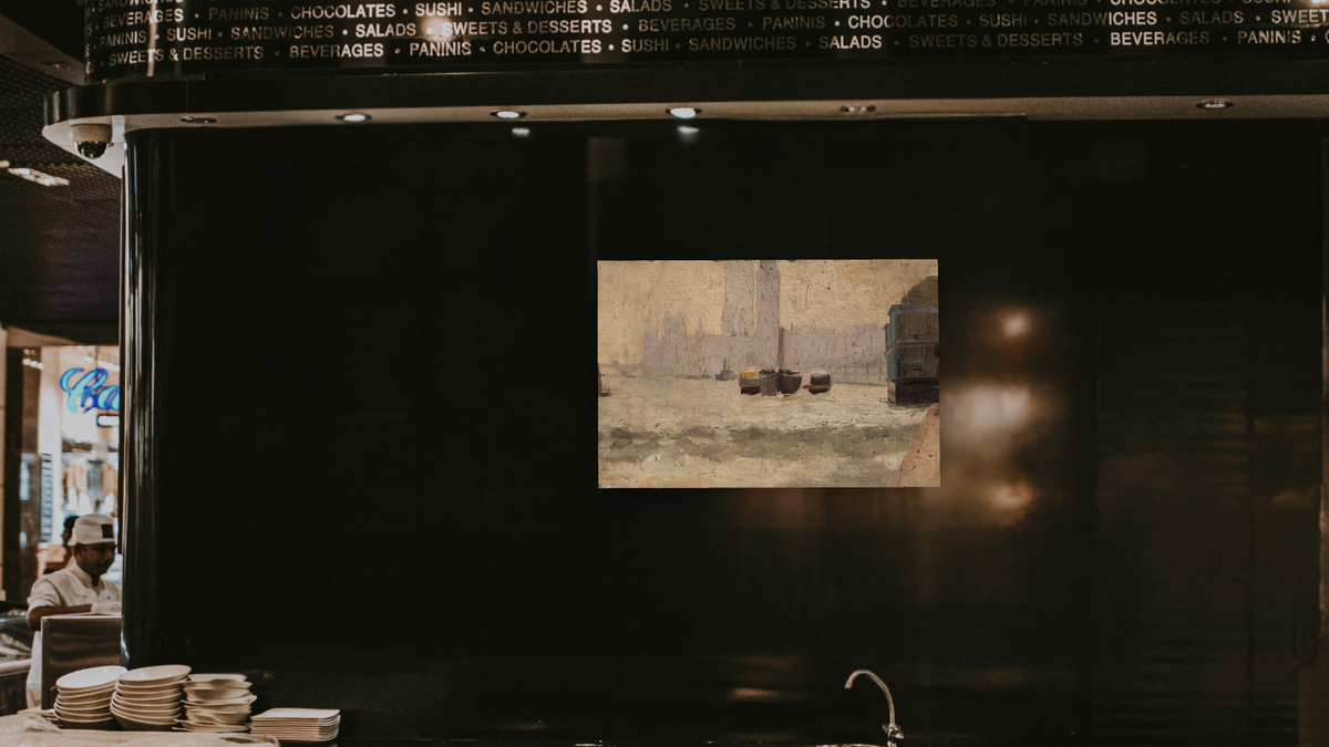 Fog, Thames Embankment by Tom Roberts, shown at 28 × 42 in (71.1 × 106.7 cm) as gallery-wrapped canvas, restaurant