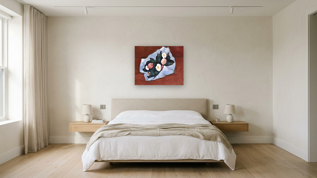 Wild Roses by Marsden Hartley, shown at 32 × 40 in (81.3 × 101.6 cm) as gallery-wrapped canvas, hotel guest room