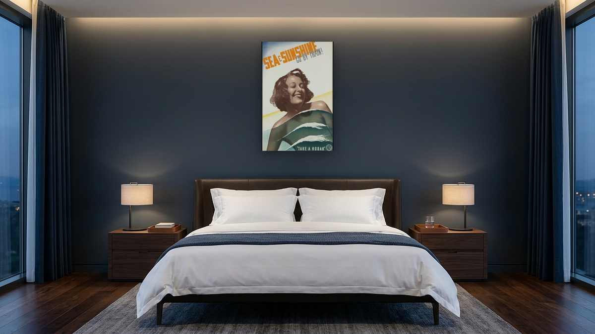 BPL Travel Posters, shown at 28 × 42 in (71.1 × 106.7 cm) as gallery-wrapped canvas, hotel guest room