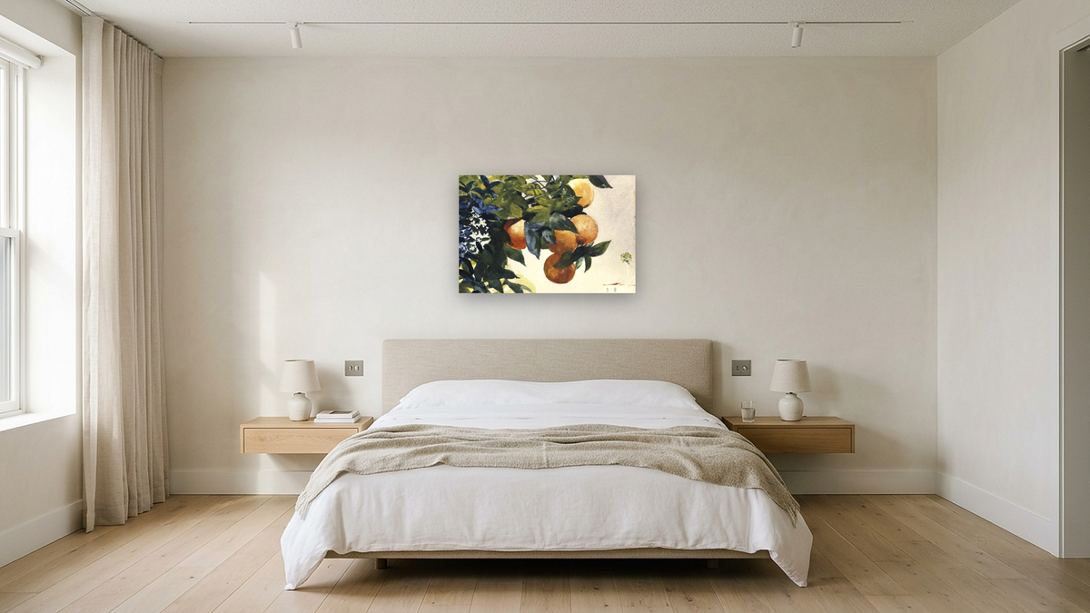 Oranges on a Branch by Winslow Homer, shown at 28 × 42 in (71.1 × 106.7 cm) as gallery-wrapped canvas, hotel guest room