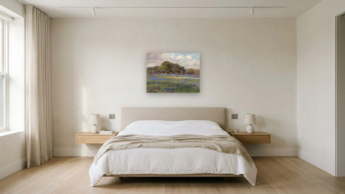 A Road through the Bluebonnets by Julian Onderdonk, shown at 30 × 40 in (76.2 × 101.6 cm) as gallery-wrapped canvas, hotel guest room