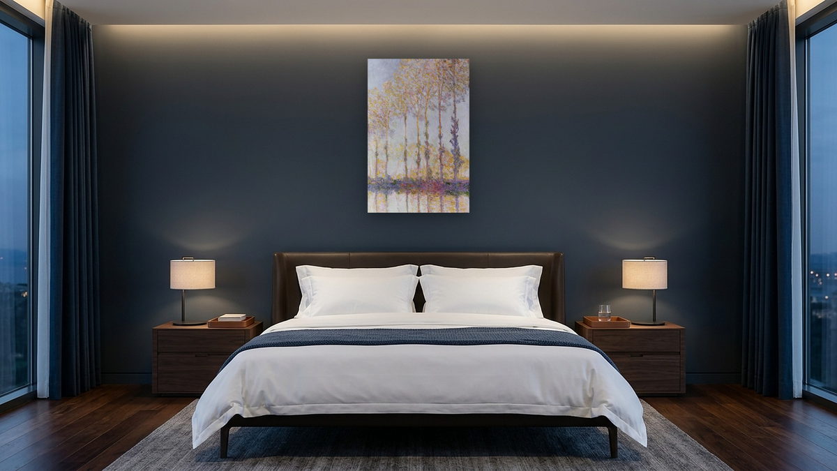 Poplars on the Banks of the Epte by Claude Monet, shown at 28 × 42 in (71.1 × 106.7 cm) as gallery-wrapped canvas, hotel guest room