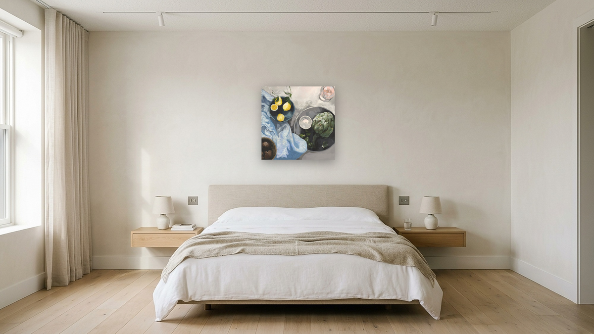 Lemons and Artichokes, shown at 32 × 32 in (81.3 × 81.3 cm) as gallery-wrapped canvas, hotel guest room