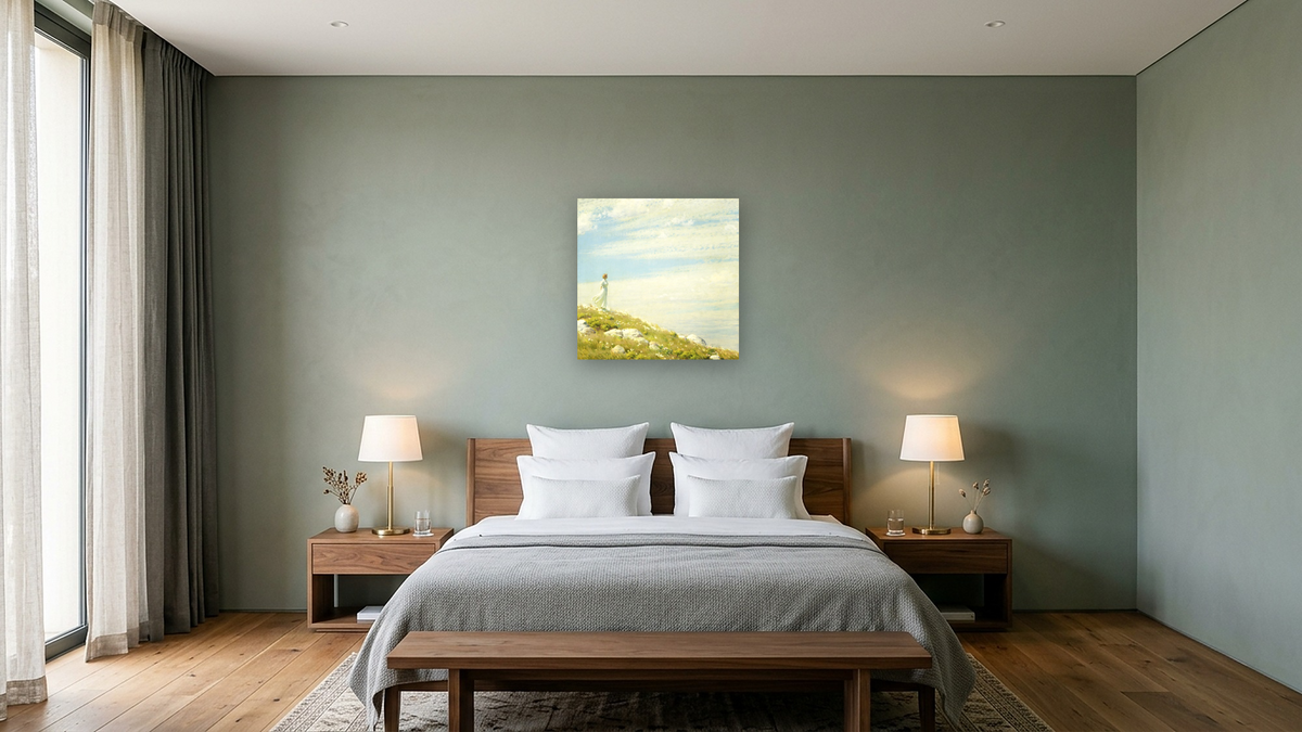A Breezy Day by Charles Courtney Curran, shown at 32 × 32 in (81.3 × 81.3 cm) as gallery-wrapped canvas, hotel guest room