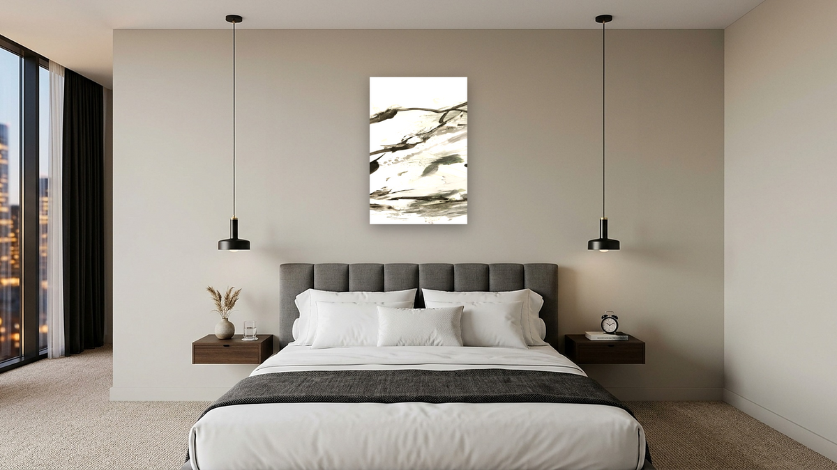 Bot 1 by Dan Hobday, shown at 28 × 42 in (71.1 × 106.7 cm) as gallery-wrapped canvas, hotel guest room